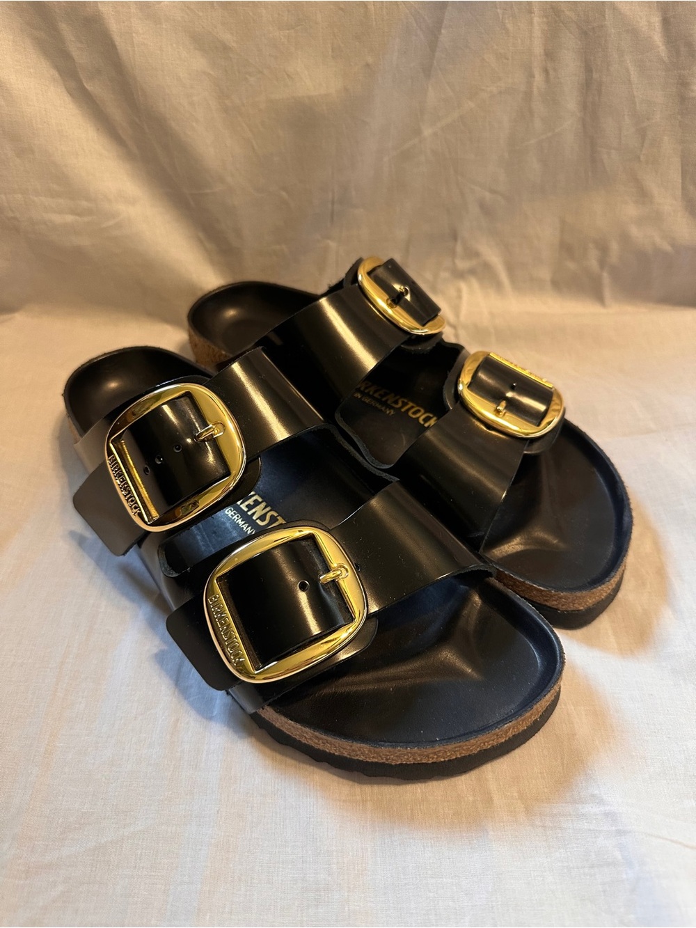 Birkenstock Arizona Big Buckle Natural Leather Patent Black Gold size 10 - Picture 2 of 6